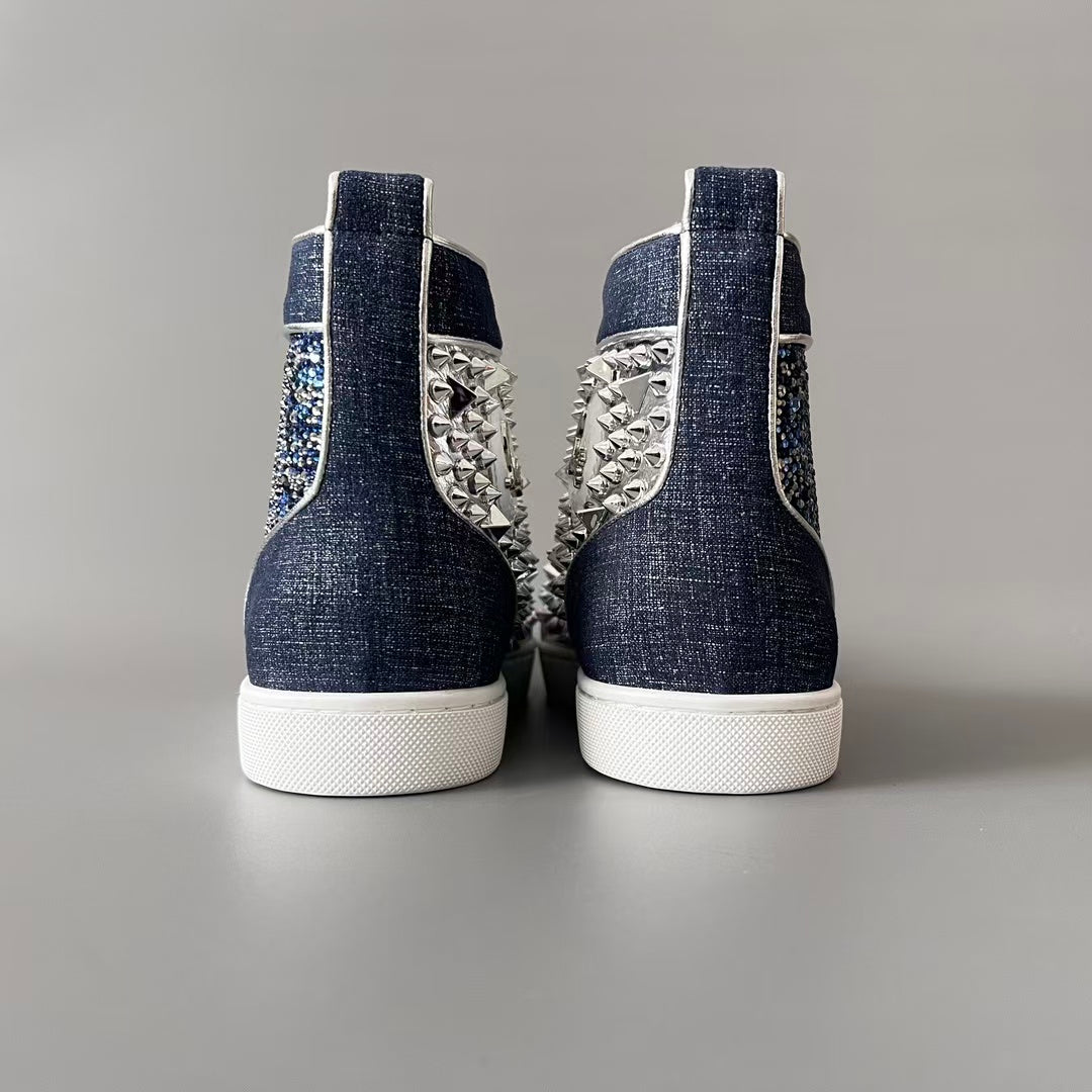 CL 【Red Sole】Lou Spikes high-top sneakers in white and blue with studs.