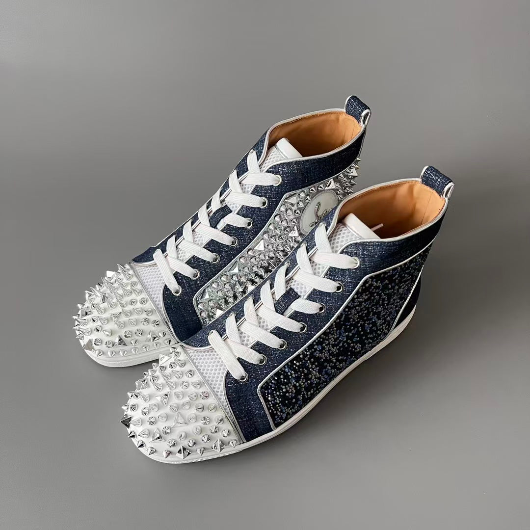 CL 【Red Sole】Lou Spikes high-top sneakers in white and blue with studs.