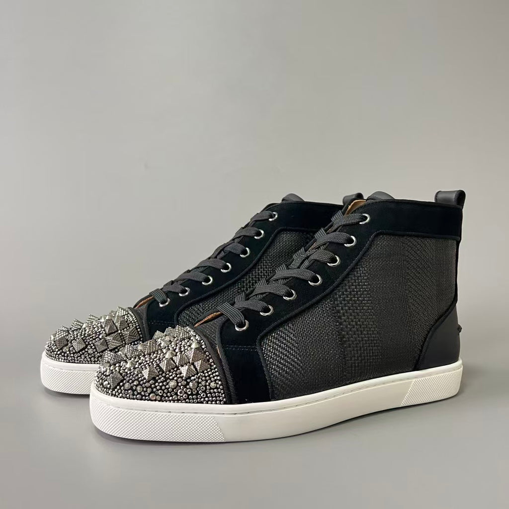 CL 【Red Sole】Lou Spikes high-top sneakers in black and grey with studs.
