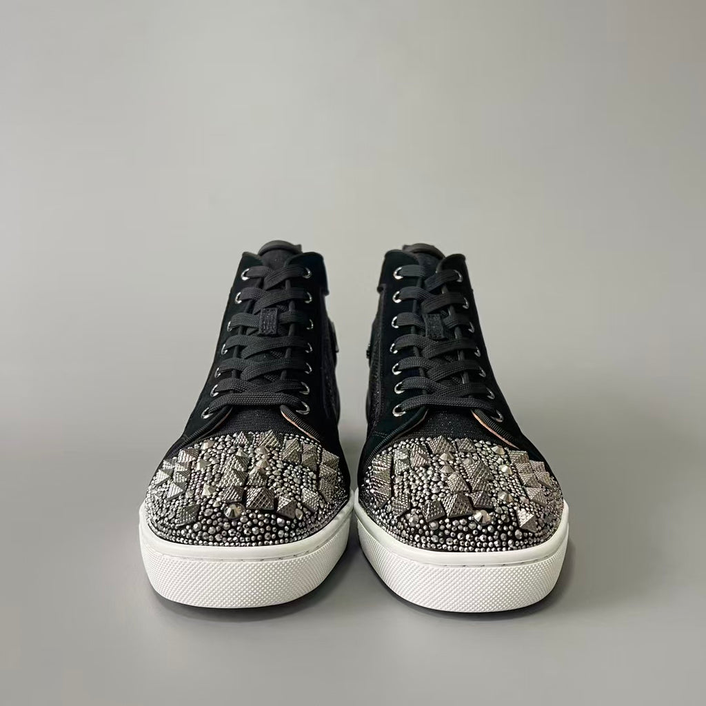 CL 【Red Sole】Lou Spikes high-top sneakers in black and grey with studs.