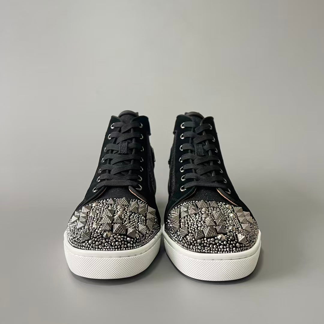 CL 【Red Sole】Lou Spikes high-top sneakers in black and grey with studs.
