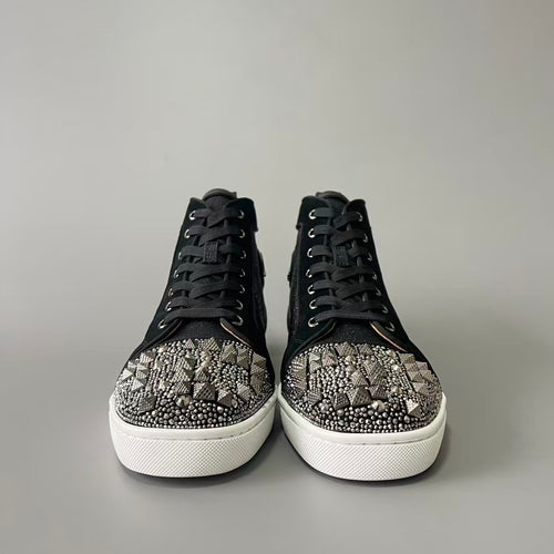 CL 【Red Sole】Lou Spikes high-top sneakers in black and grey with studs.