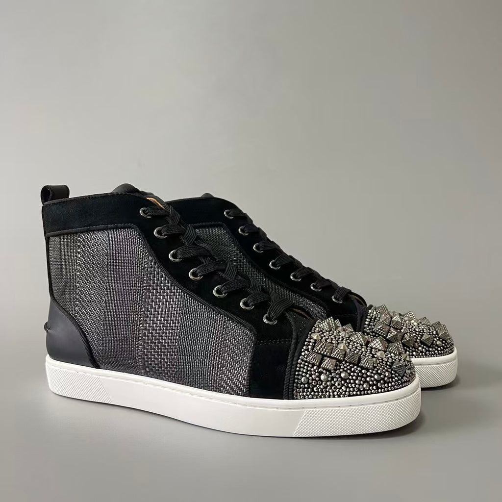 CL 【Red Sole】Lou Spikes high-top sneakers in black and grey with studs.