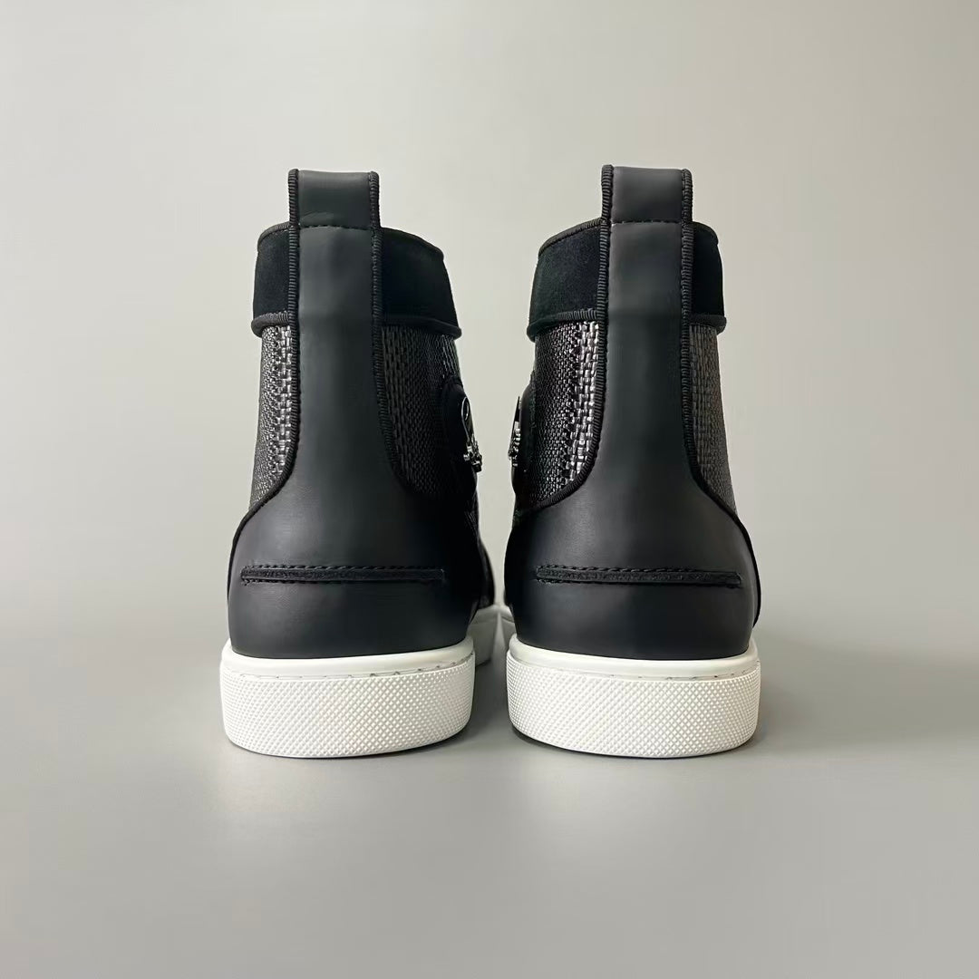 CL 【Red Sole】Lou Spikes high-top sneakers in black and grey with studs.
