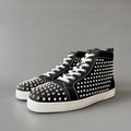 CL 【Red Sole】Lou Spikes high-top sneakers with black and silver studs.