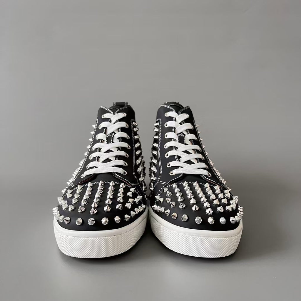 CL 【Red Sole】Lou Spikes high-top sneakers with black and silver studs.