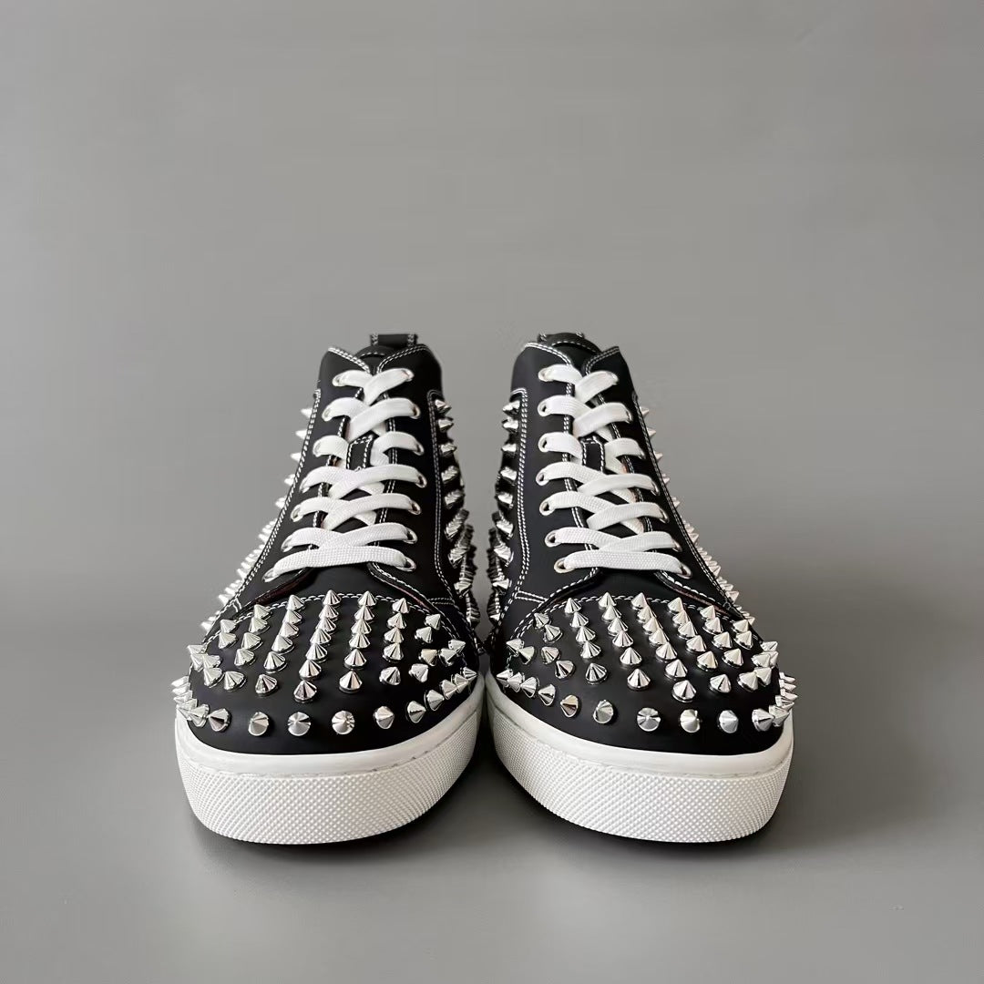 CL 【Red Sole】Lou Spikes high-top sneakers with black and silver studs.