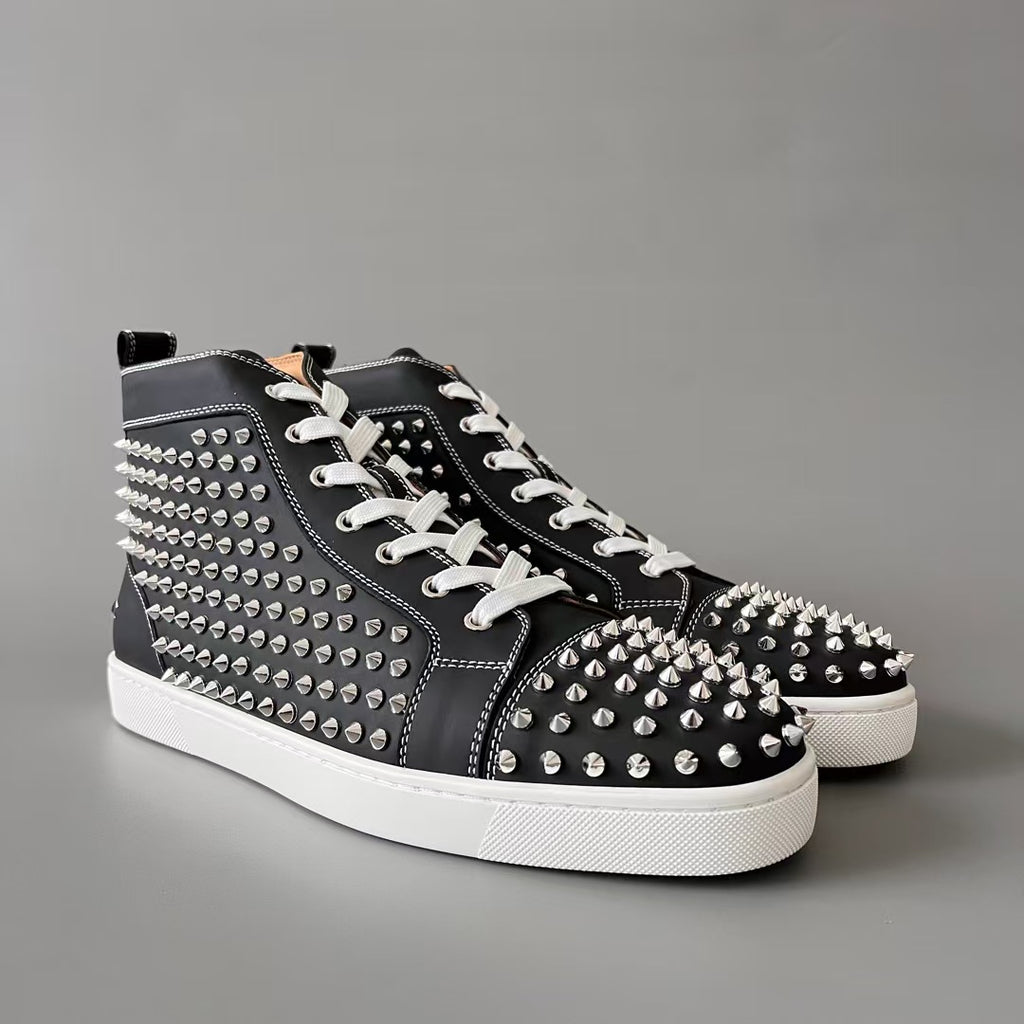 CL 【Red Sole】Lou Spikes high-top sneakers with black and silver studs.