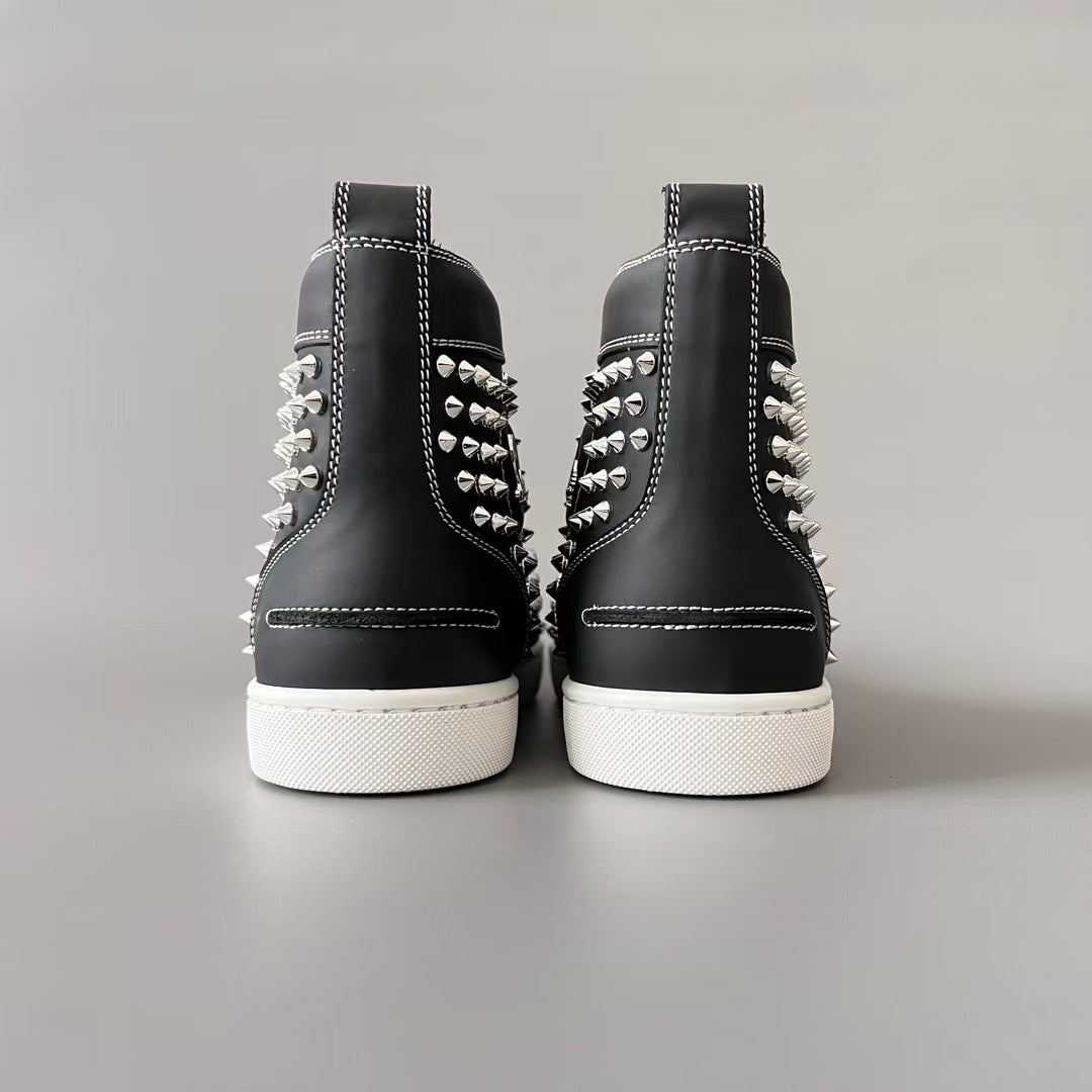 CL 【Red Sole】Lou Spikes high-top sneakers with black and silver studs.