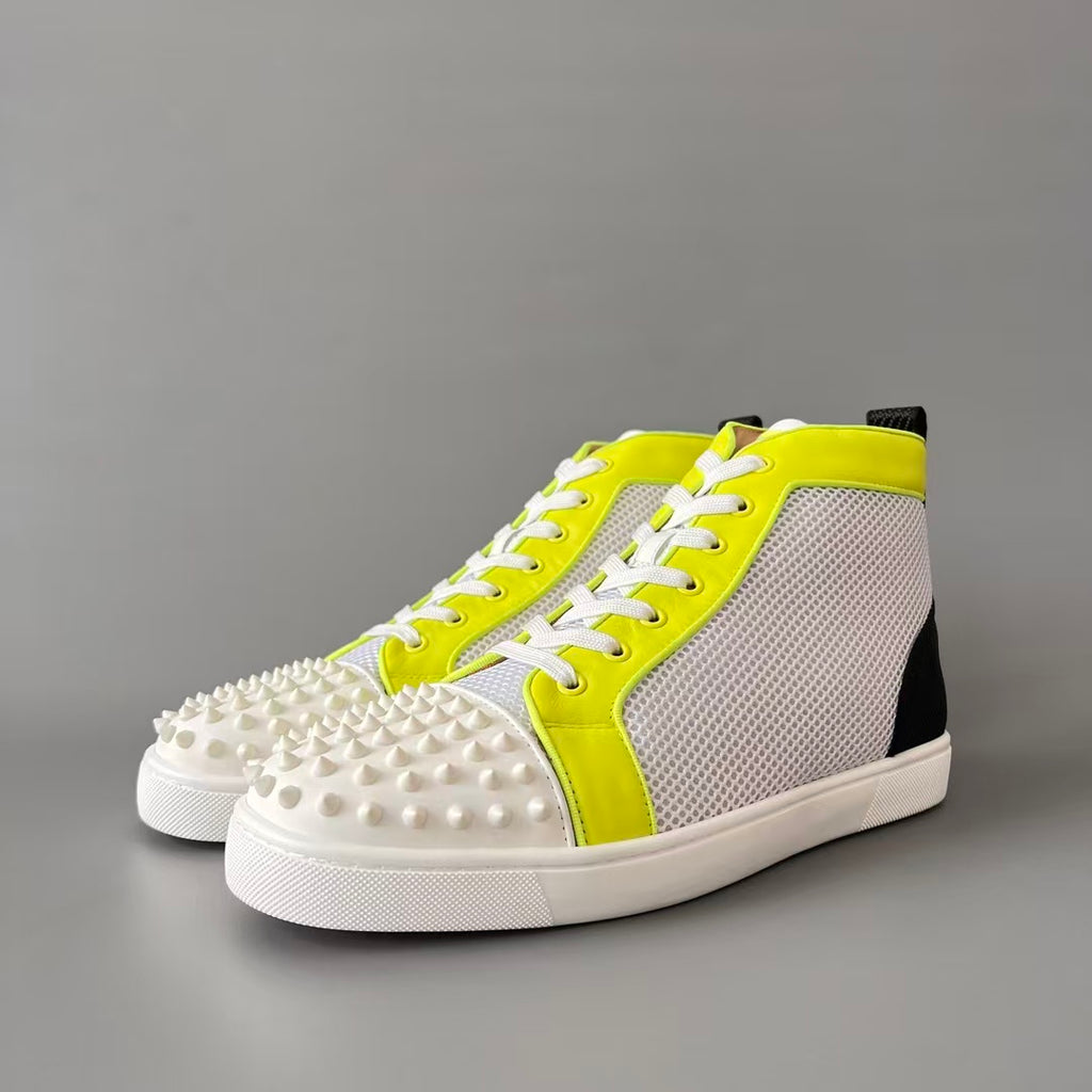 CL 【Red Sole】Lou Spikes high-top sneakers in white with fluorescent studs.