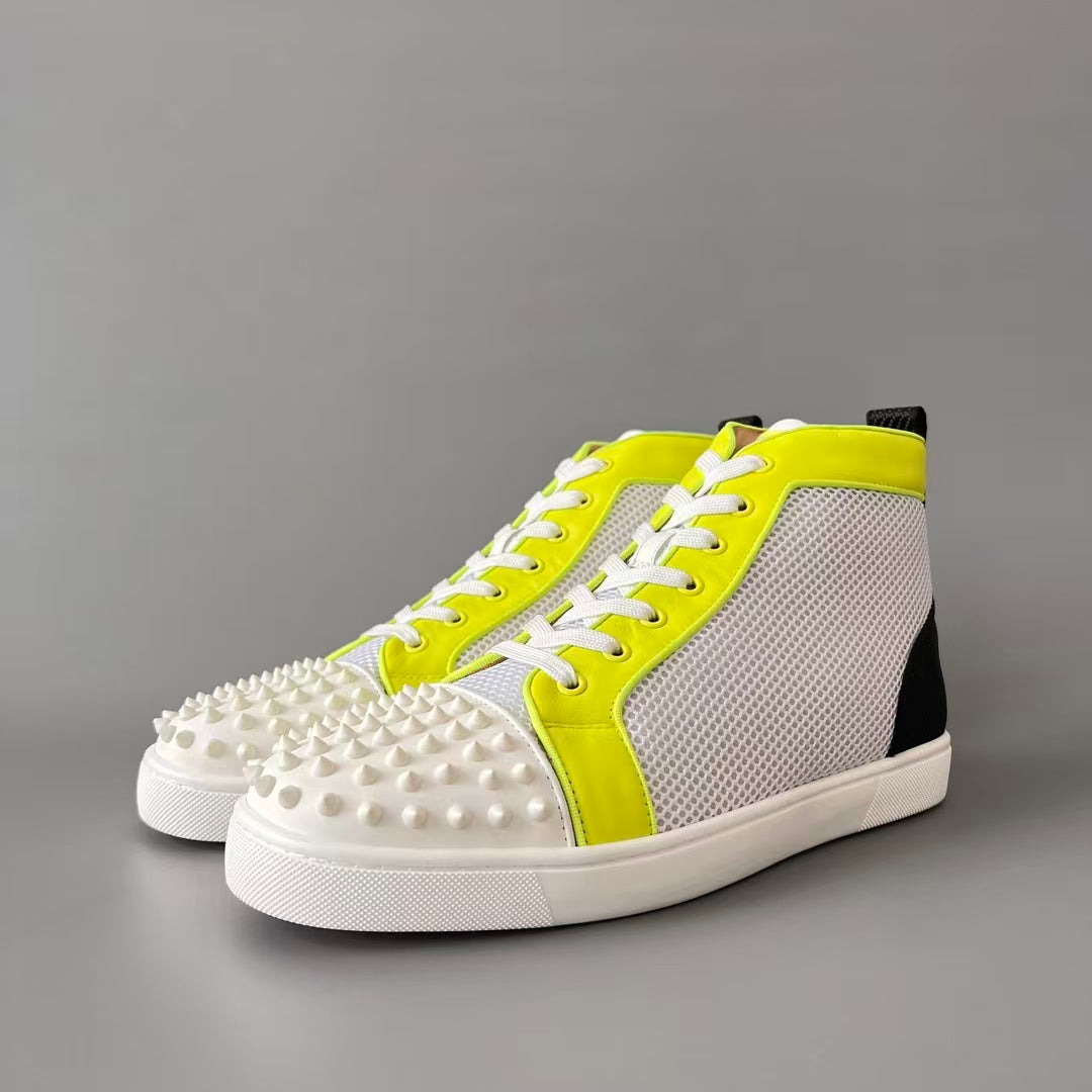 CL 【Red Sole】Lou Spikes high-top sneakers in white with fluorescent studs.