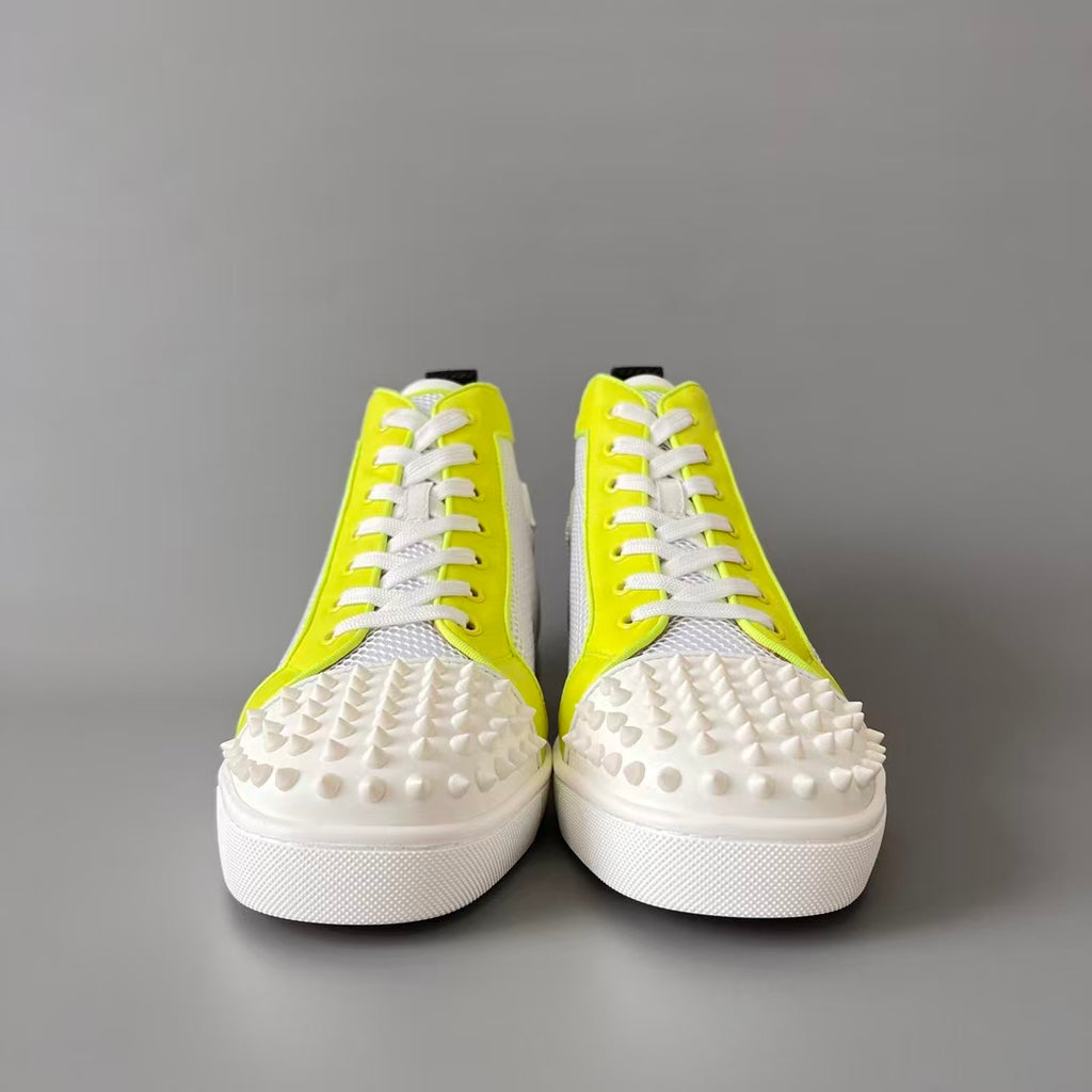 CL 【Red Sole】Lou Spikes high-top sneakers in white with fluorescent studs.