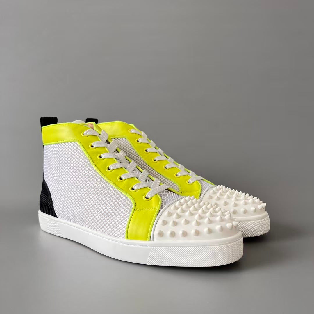 CL 【Red Sole】Lou Spikes high-top sneakers in white with fluorescent studs.