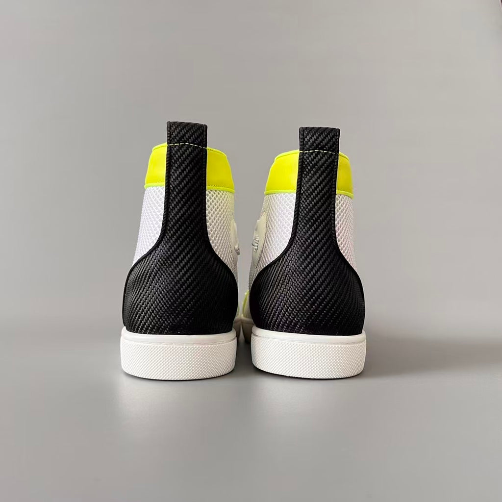 CL 【Red Sole】Lou Spikes high-top sneakers in white with fluorescent studs.