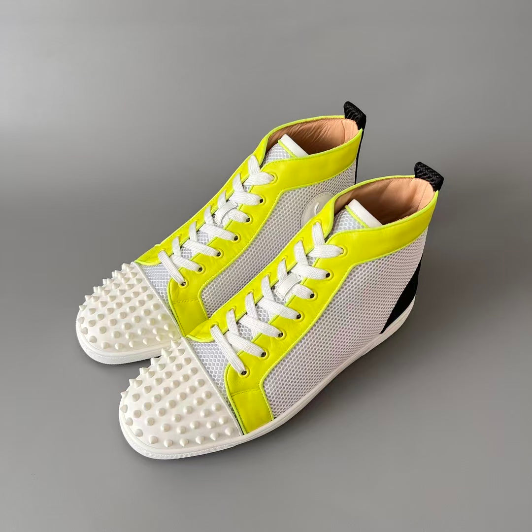 CL 【Red Sole】Lou Spikes high-top sneakers in white with fluorescent studs.