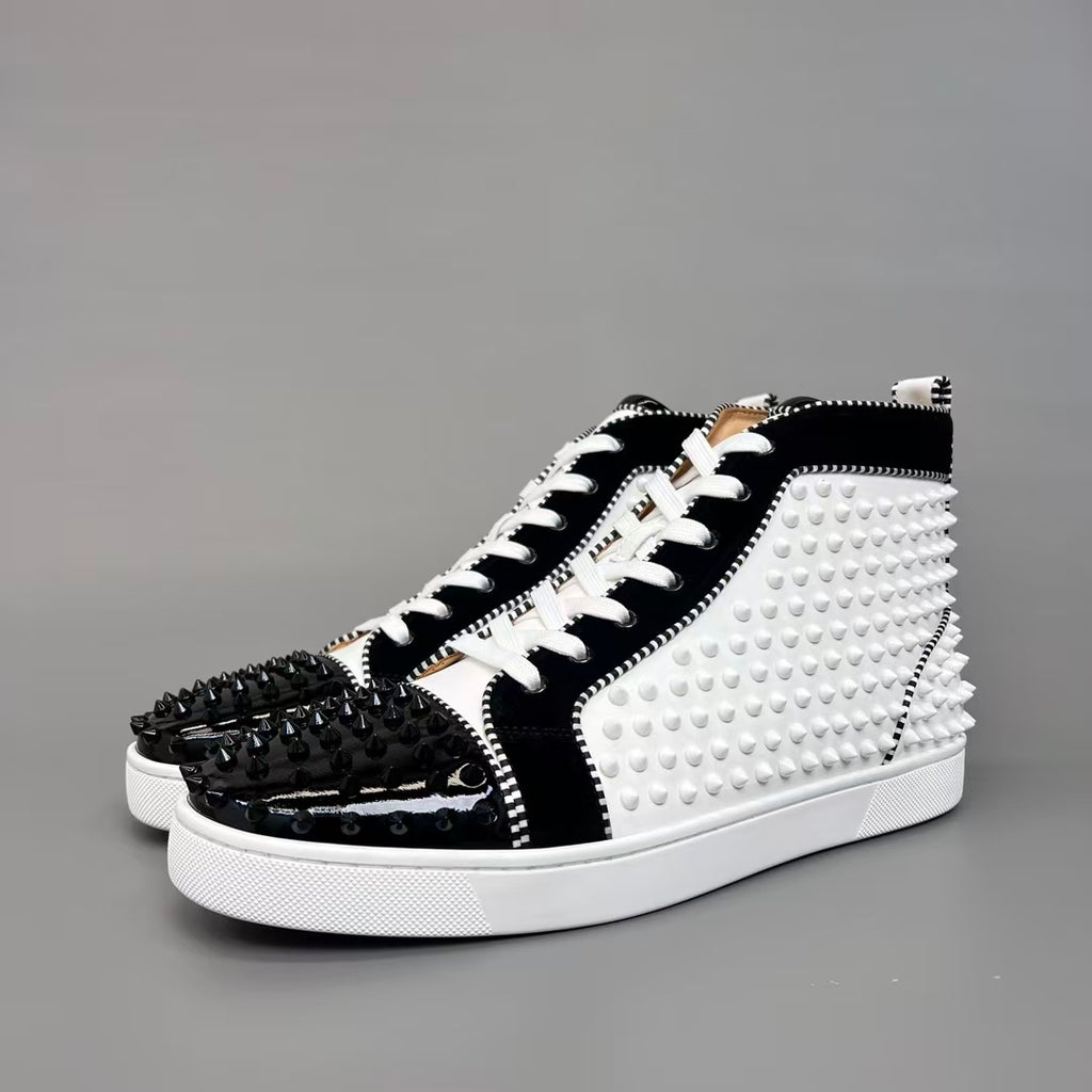 CL 【Red Sole】Lou Spikes high-top sneakers in white and black with studs.
