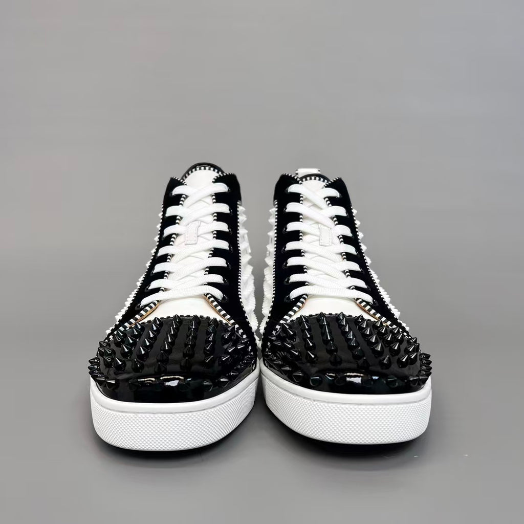CL 【Red Sole】Lou Spikes high-top sneakers in white and black with studs.