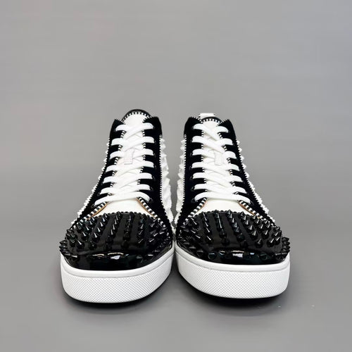 CL 【Red Sole】Lou Spikes high-top sneakers in white and black with studs.
