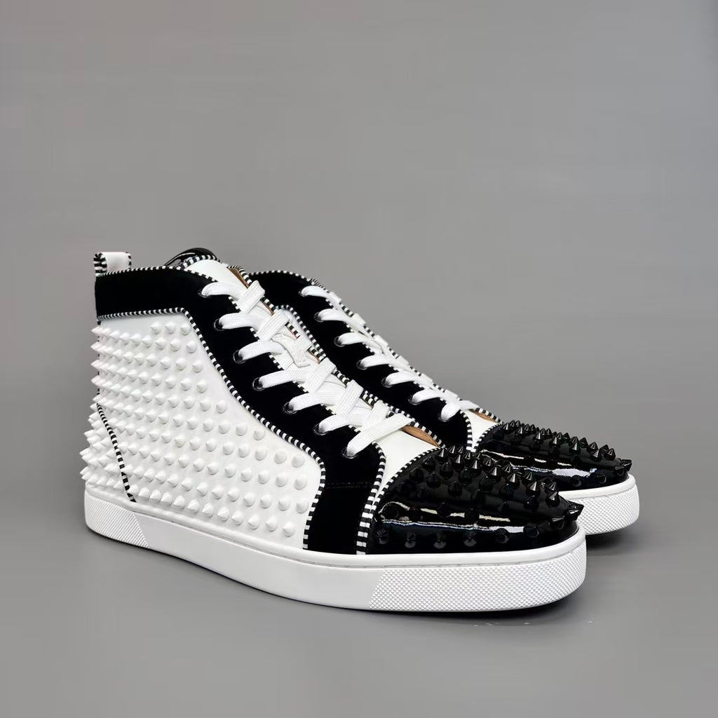 CL 【Red Sole】Lou Spikes high-top sneakers in white and black with studs.