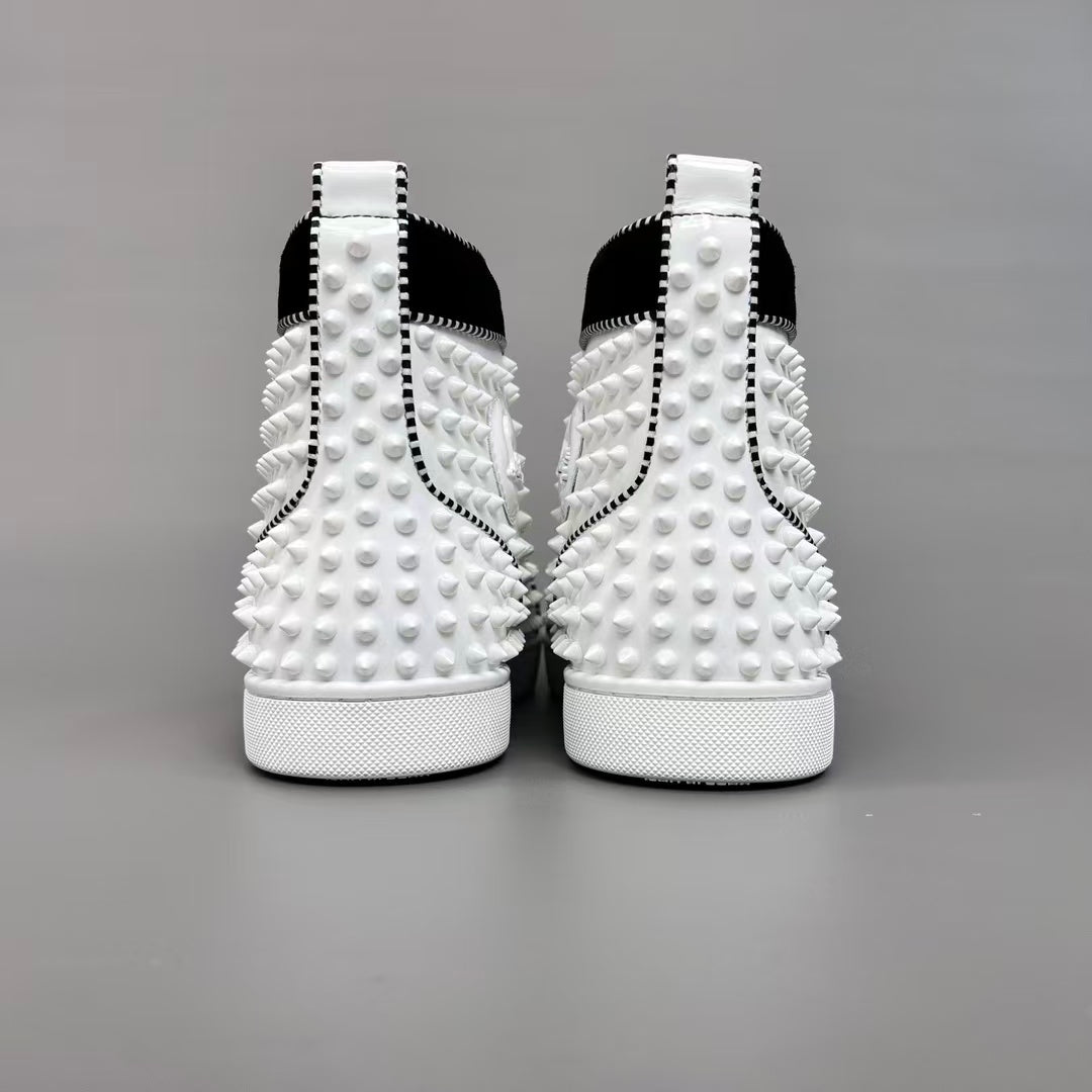 CL 【Red Sole】Lou Spikes high-top sneakers in white and black with studs.