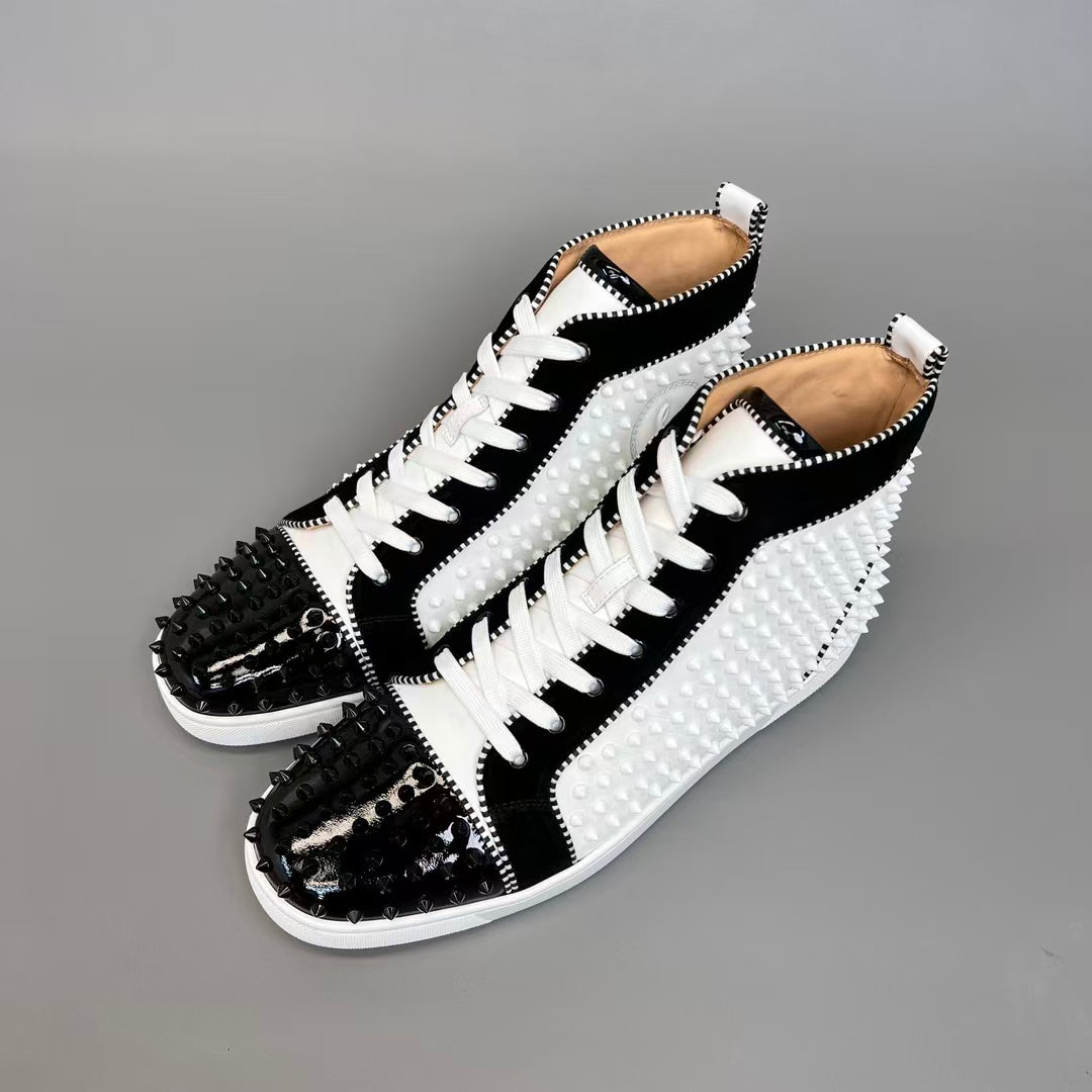 CL 【Red Sole】Lou Spikes high-top sneakers in white and black with studs.