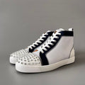 CL 【Red Sole】Lou Spikes high-top sneakers in white and black with studs.
