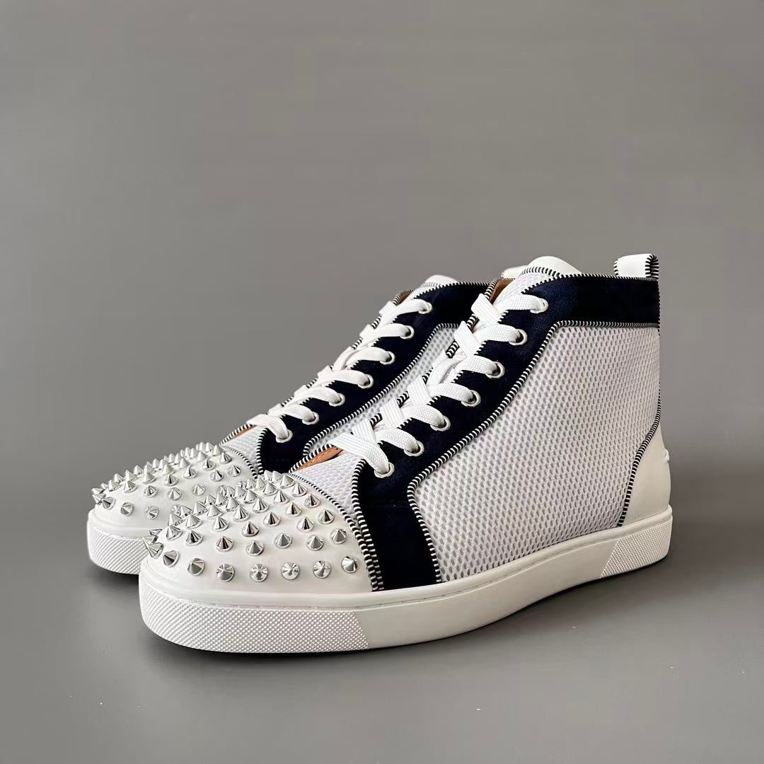 CL 【Red Sole】Lou Spikes high-top sneakers in white and black with studs.