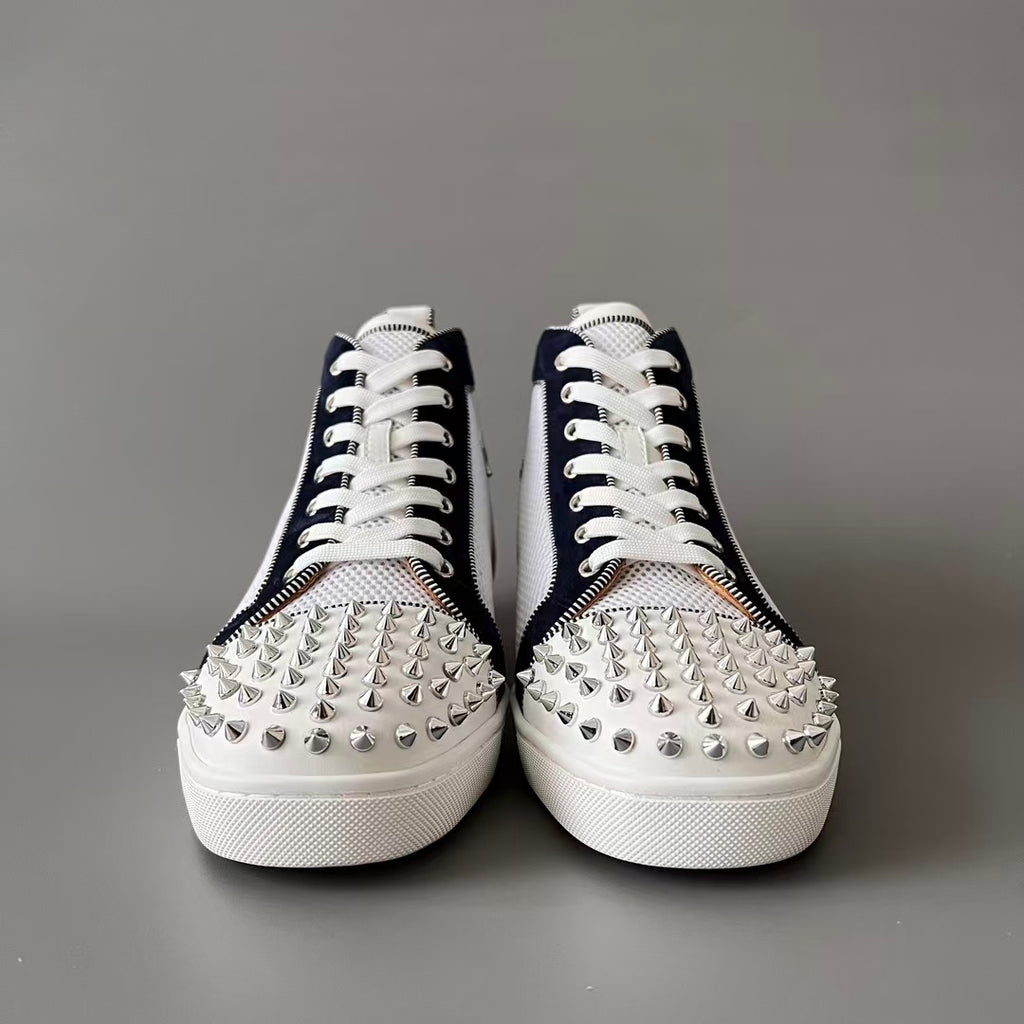 CL 【Red Sole】Lou Spikes high-top sneakers in white and black with studs.