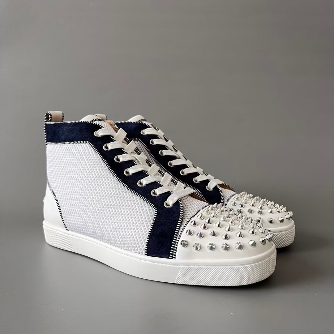 CL 【Red Sole】Lou Spikes high-top sneakers in white and black with studs.