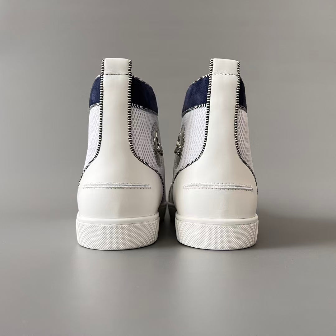 CL 【Red Sole】Lou Spikes high-top sneakers in white and black with studs.
