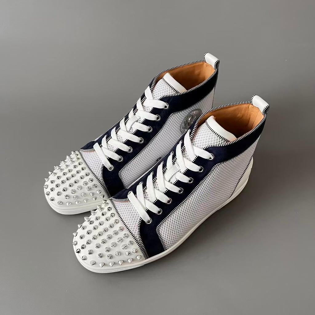 CL 【Red Sole】Lou Spikes high-top sneakers in white and black with studs.