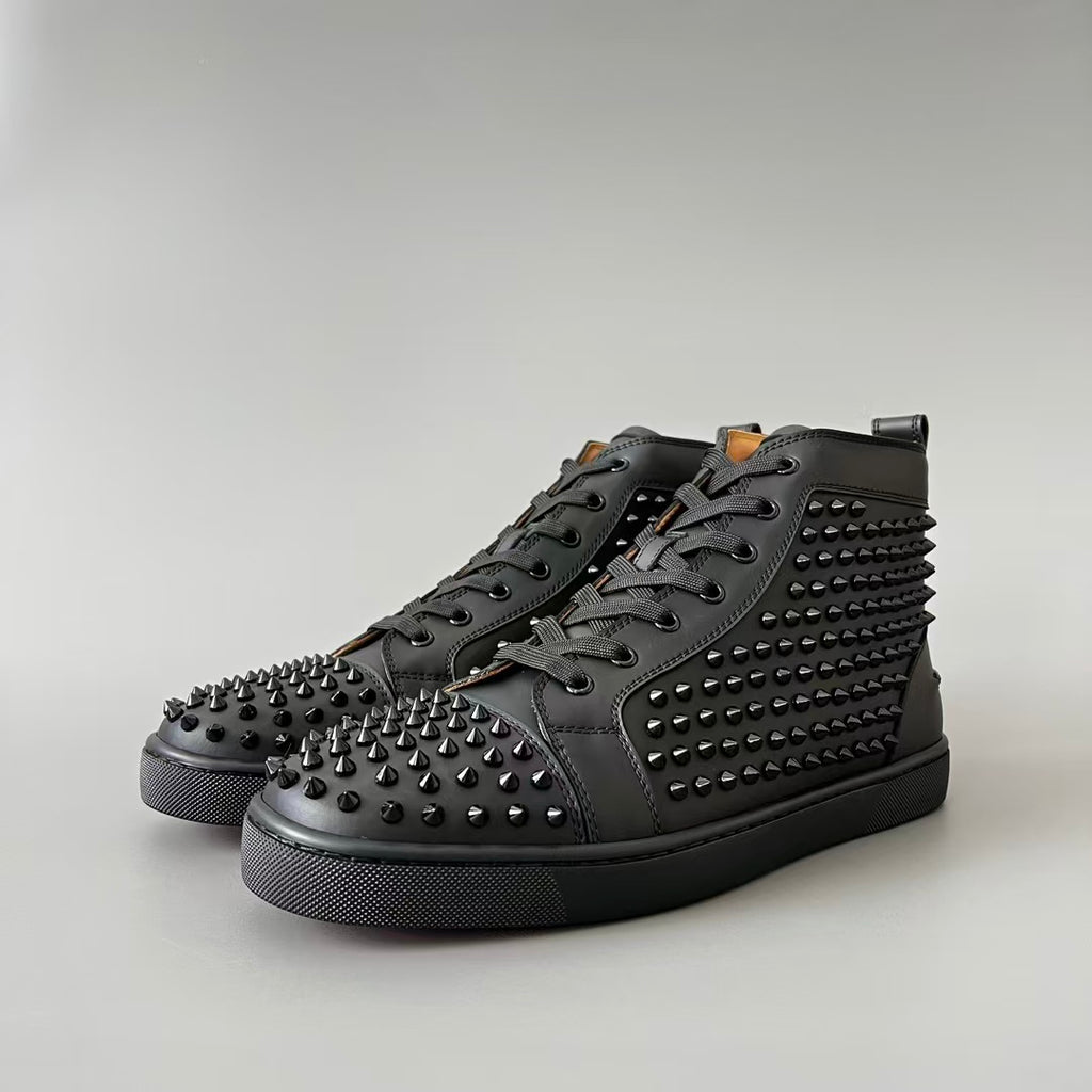 CL 【Red Sole】Lou Spikes high-top sneakers in black leather with studs.