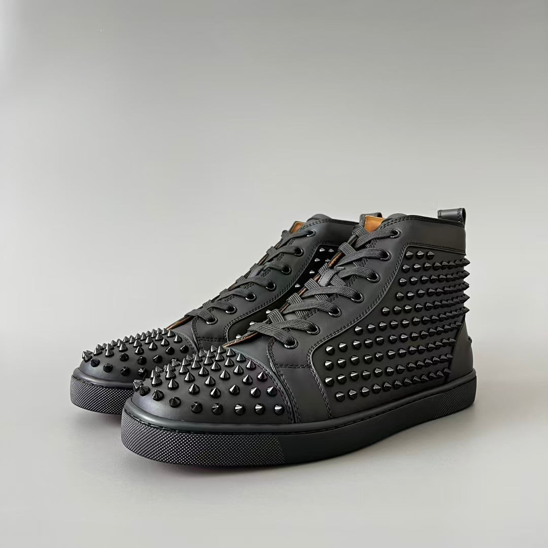 CL 【Red Sole】Lou Spikes high-top sneakers in black leather with studs.