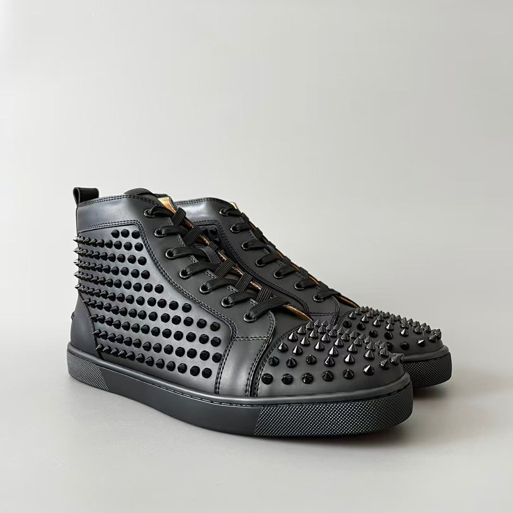 CL 【Red Sole】Lou Spikes high-top sneakers in black leather with studs.