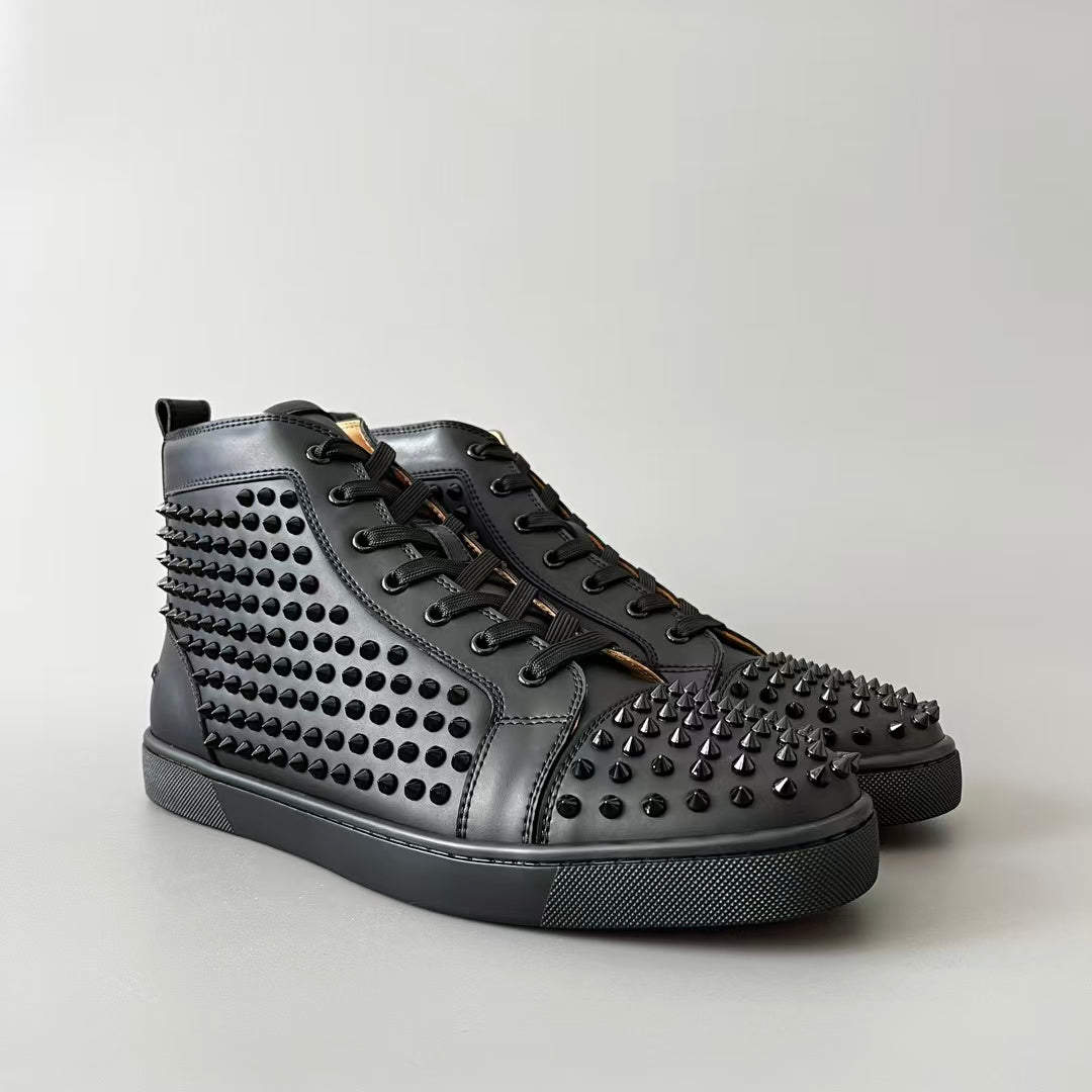 CL 【Red Sole】Lou Spikes high-top sneakers in black leather with studs.