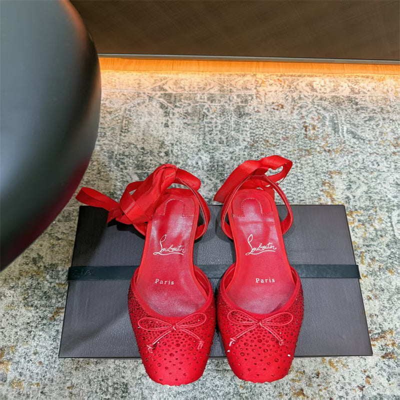 CL 【Red Sole】Rhinestone Bow-Tie Ballet Flats