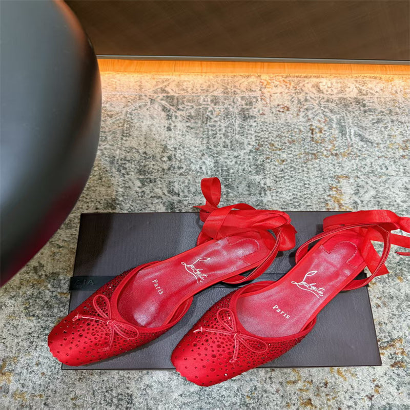 CL 【Red Sole】Rhinestone Bow-Tie Ballet Flats
