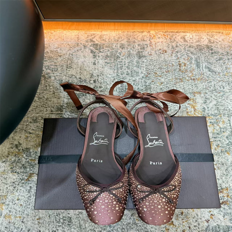 CL 【Red Sole】Rhinestone Bow-Tie Ballet Flats