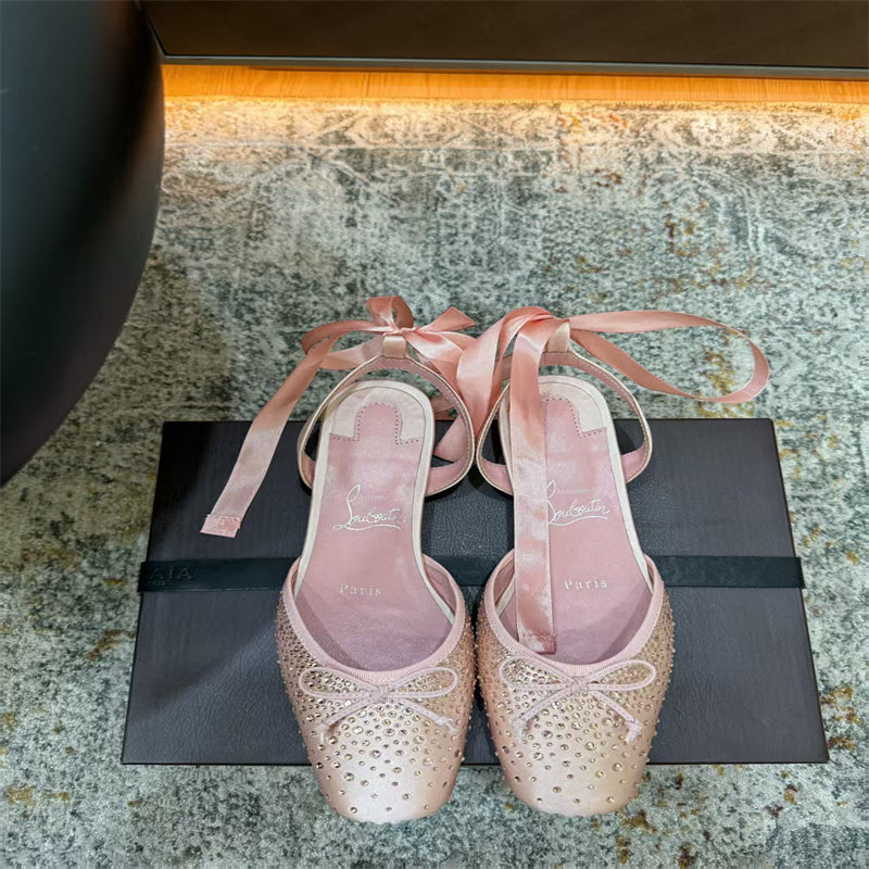 CL 【Red Sole】Rhinestone Bow-Tie Ballet Flats