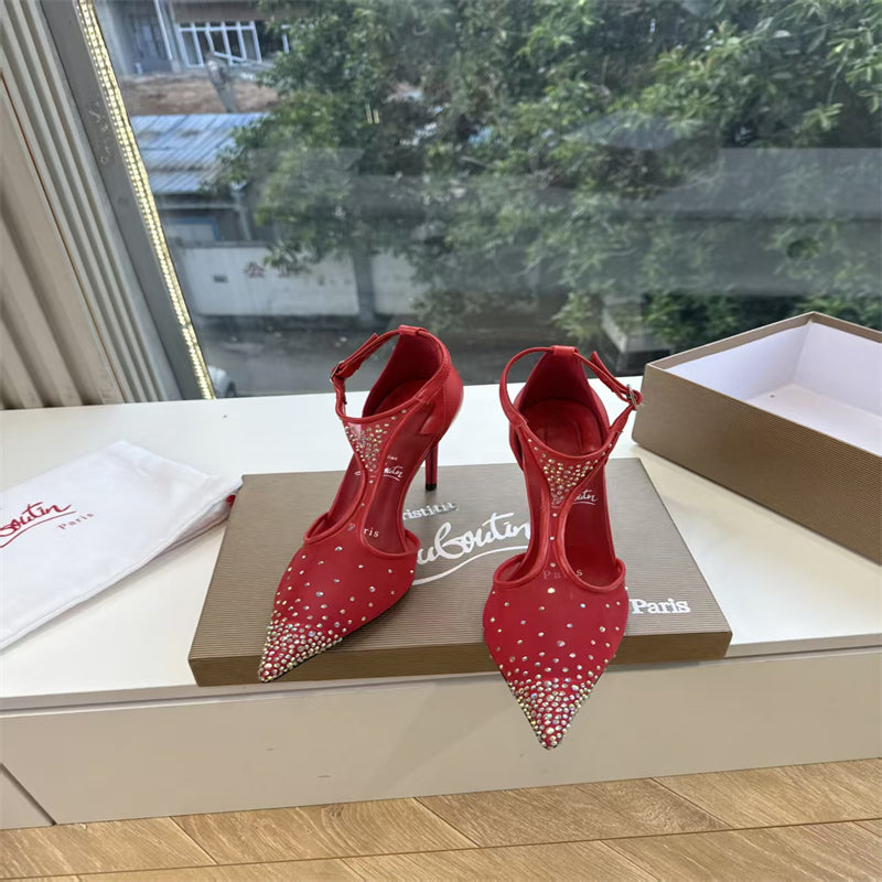 CL 【Red Sole】Décolleté a punta con cinturino a T e strass
