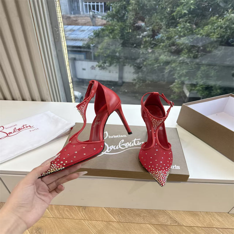 CL 【Red Sole】Pointed-toe T-strap high heels with rhinestones