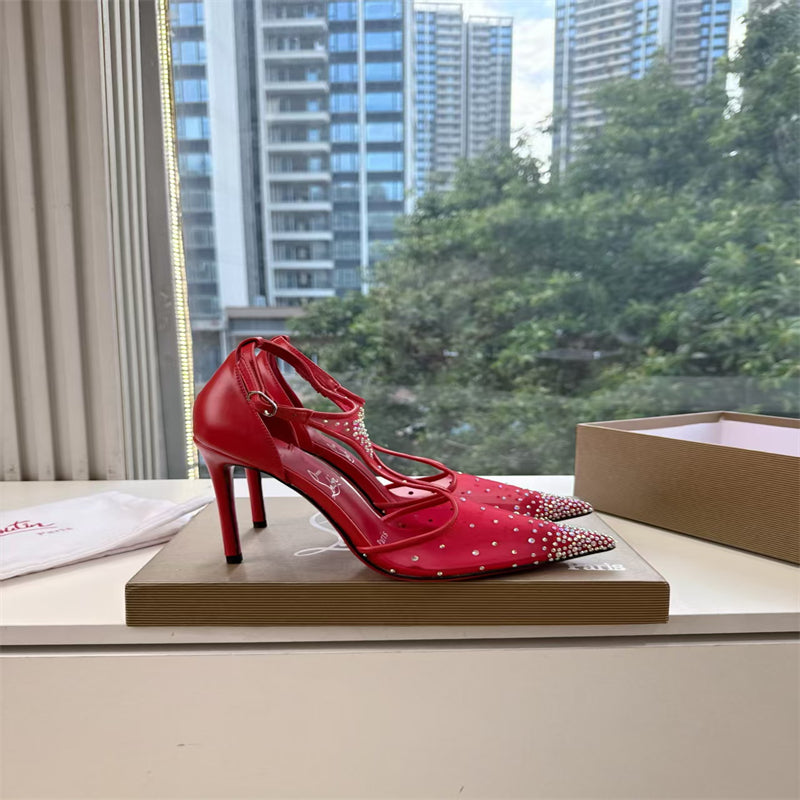 CL 【Red Sole】Pointed-toe T-strap high heels with rhinestones