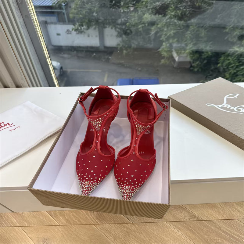 CL 【Red Sole】Décolleté a punta con cinturino a T e strass