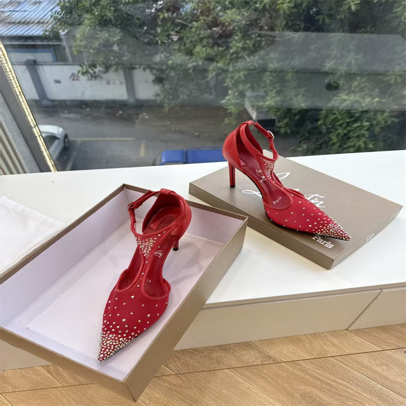 CL 【Red Sole】Décolleté a punta con cinturino a T e strass