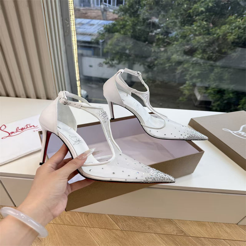 CL 【Red Sole】Pointed-toe T-strap high heels with rhinestones