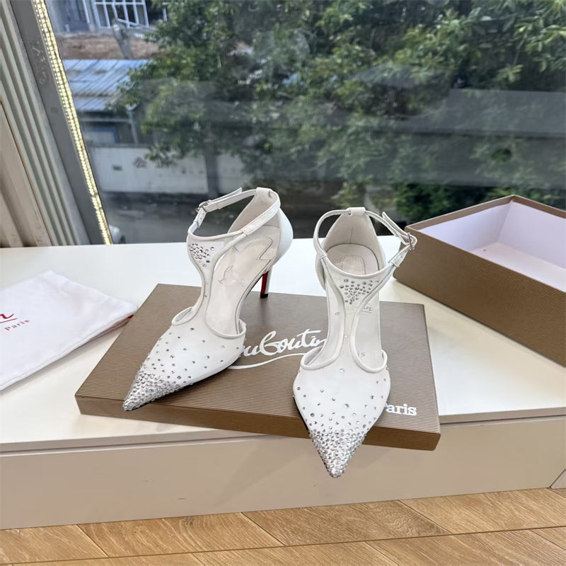 CL 【Red Sole】Pointed-toe T-strap high heels with rhinestones