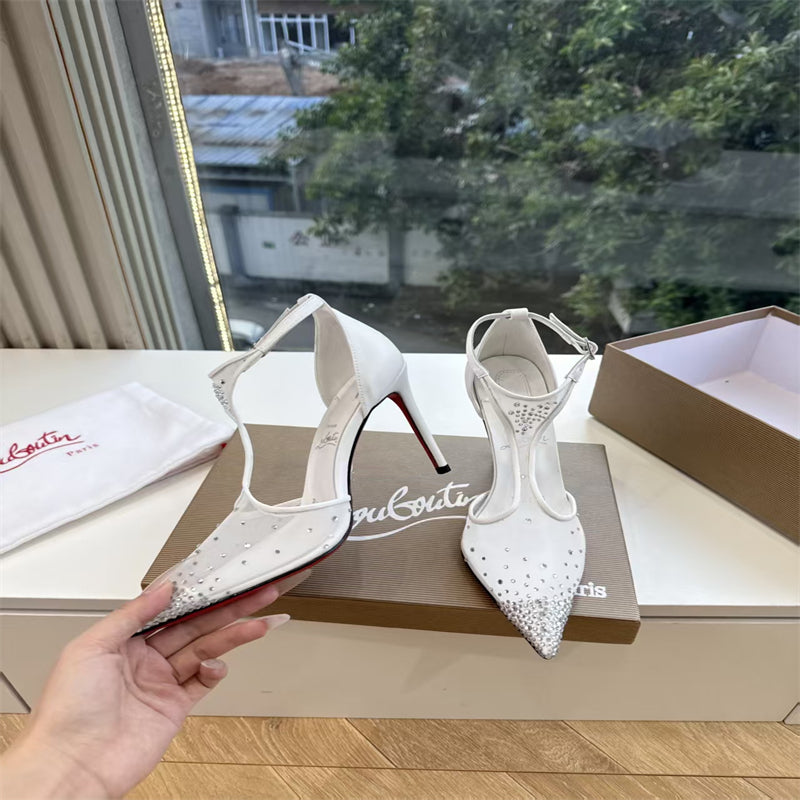 CL 【Red Sole】Pointed-toe T-strap high heels with rhinestones
