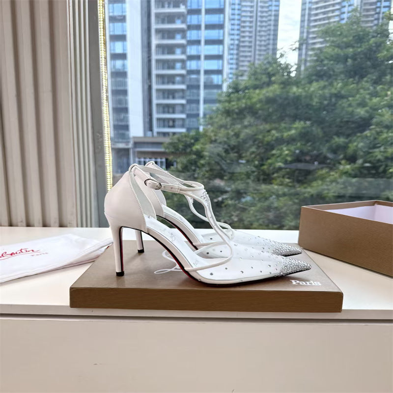 CL 【Red Sole】Pointed-toe T-strap high heels with rhinestones
