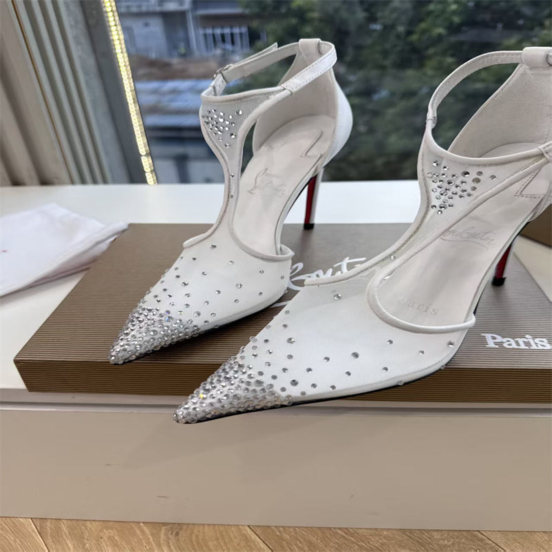 CL 【Red Sole】Pointed-toe T-strap high heels with rhinestones