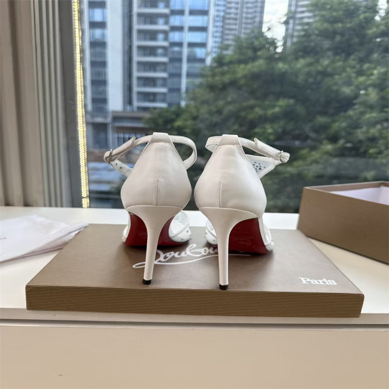 CL 【Red Sole】Pointed-toe T-strap high heels with rhinestones